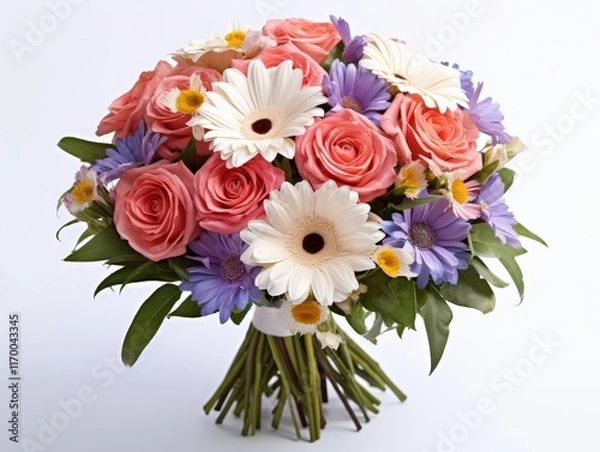 Obraz Beautiful Isolated Bouquet of Colorful Flowers with Roses, Daisies and Aster on a White Background for Decoration and Celebrations