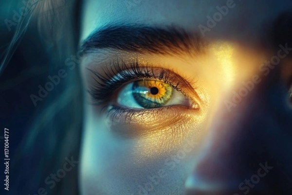 Fototapeta This is a close-up of a woman's face, focusing on her eyes and nose. The sunlight casts a dramatic shadow over her features, creating an intriguing look.