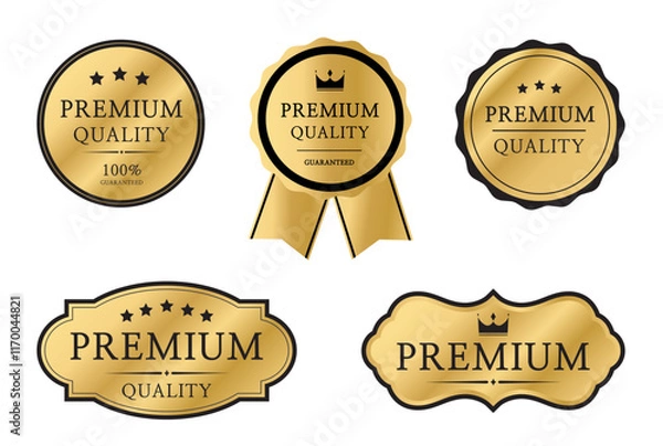 Fototapeta Premium quality badge set. Premium certificate badge. Golden label sign, seal, stamp, sticker. 100 percent quality guaranteed tag. Vector illustration