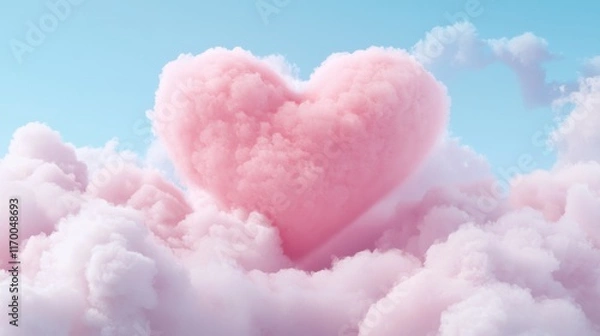Fototapeta A dreamy pink heart-shaped cloud floats in a serene blue sky, symbolizing love, hope, and tranquility.