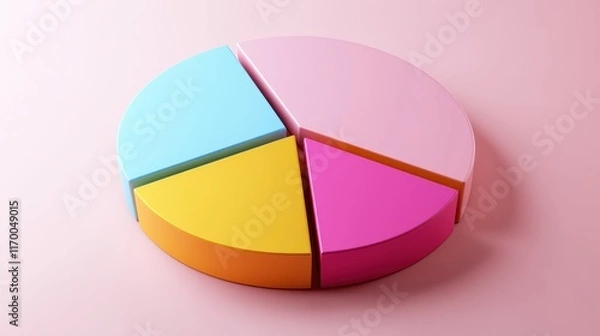 Obraz Colorful pie chart, pastel colors, cyan blue, yellow, pink, red segments, 3D rendering, smooth texture, soft lighting, minimalist design, business analytics concept, data visualization, clean backgrou