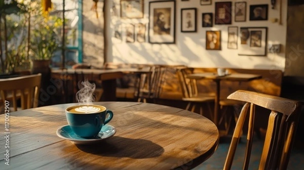 Fototapeta A steaming cup of coffee on a wooden table in a cozy café with a warm atmosphere.