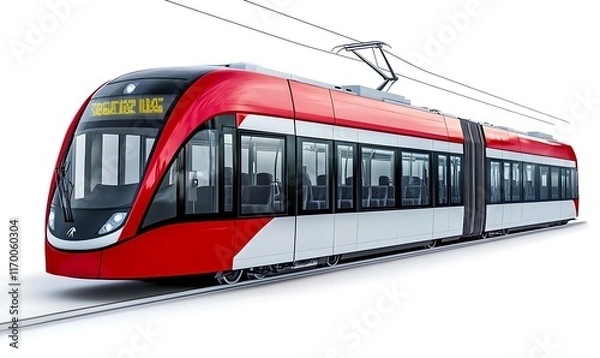 Fototapeta A modern red and white tram with sleek design, intended for urban transportation.