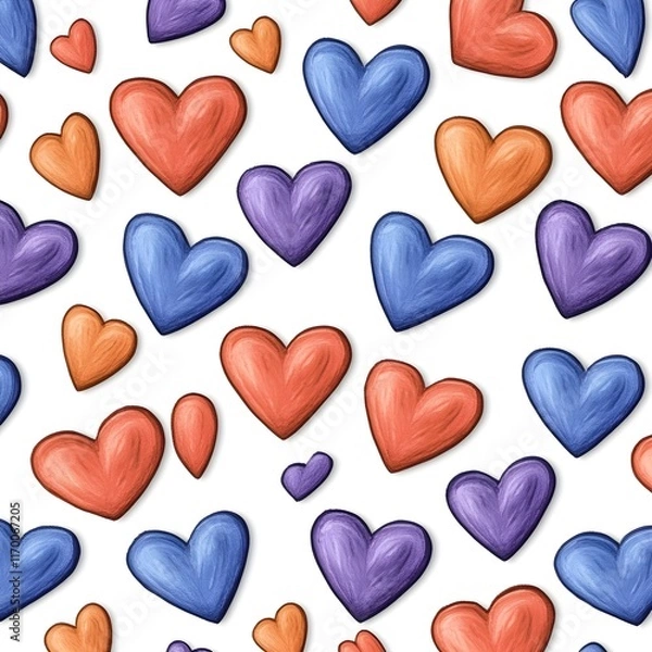 Fototapeta This cheerful, whimsical seamless pattern features a repeating design of hearts in various shades of red, orange, blue, and purple.