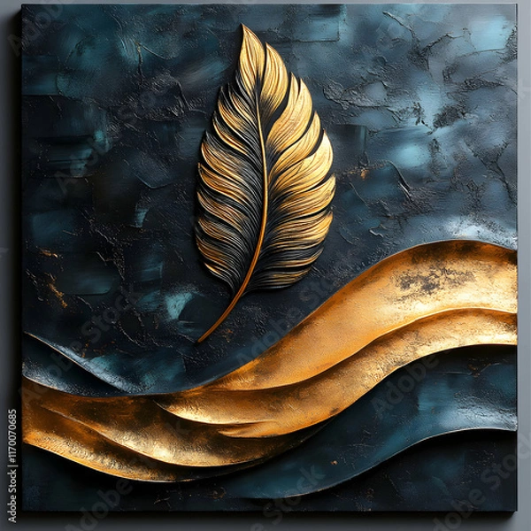 Fototapeta Elegant Gold and Teal 3D Wall Art: Abstract Feather and Wave Design