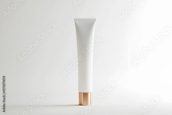 Fototapeta Cream tube plastic luxurious portable on white background with light and shadow. Collapsible squeeze tube cosmetic containers with flip lid gold. Modern bottle packaging products. Copy space for text.