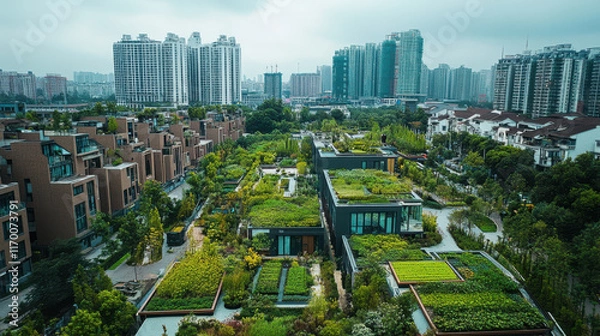 Fototapeta panoramic view of city featuring green rooftops and urban gardens