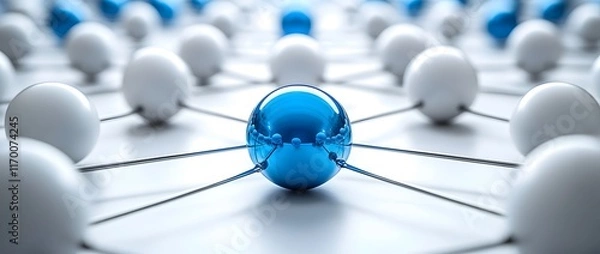 Obraz Blue Sphere Connected to Network of White Spheres Representing Connectivity and Networking Concept