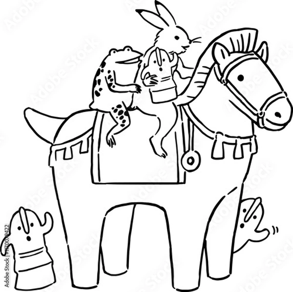 Fototapeta 鳥獣戯画　うさぎとカエルが埴輪と馬形埴輪に乗って遊ぶイラストレーション
