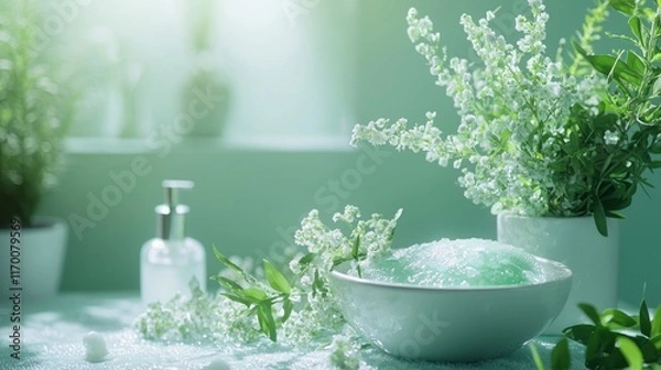 Fototapeta Refreshing Spa Essentials with Greenery and Bubbles