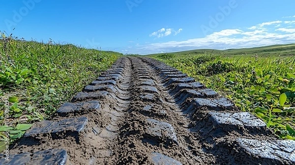 Fototapeta Tire Tracks Across Lush Green Grassland Under Blue Sky