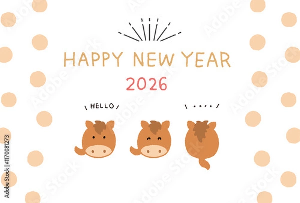 Fototapeta 2026年　年賀状　コロコロとかわいい午年のイラストレーション