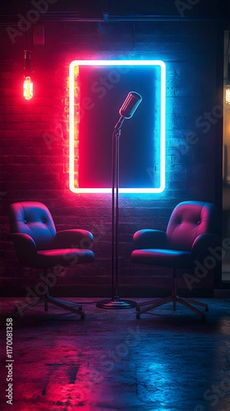 Fototapeta Neon Lights Podcast Studio 3D Render: Vibrant Retro Chairs and Microphone Setup