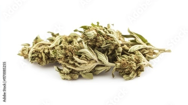 Fototapeta Medical cannabis buds arranged aesthetically on a clean white background showcasing the natural texture and color diversity of the plant.