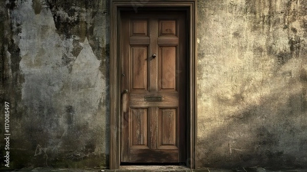 Fototapeta Aged Wooden Door on Weathered Wall: Vintage Architecture