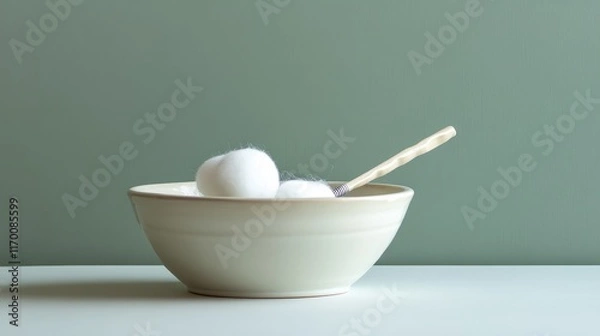 Fototapeta Medical Bowl Containing Cotton Balls and Wooden Stick on Minimalist Background