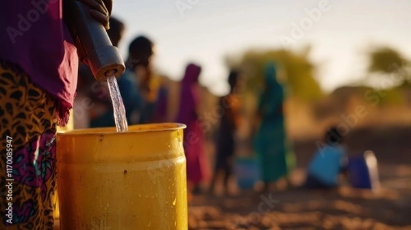 Fototapeta A person draws water from a yellow bucket as others gather in the background, highlighting daily life in a rural or developing area.