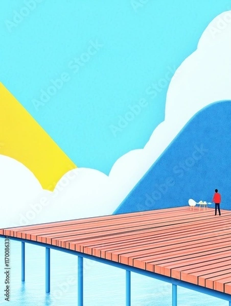 Fototapeta Vibrant Digital Illustration: Figures Contemplating Serene Coastal Vista. AI Generated