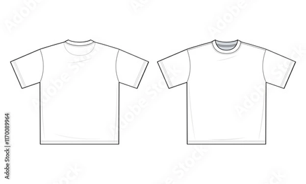 Fototapeta Basic T-shirt flat technical fashion illustration. Tee shirt vector template illustration. front and back view. XL . drop shoulder. unisex. white color. CAD mockup.