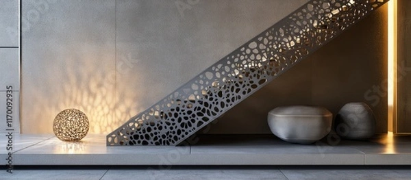 Fototapeta Intricately designed metal staircase frame enhancing modern architectural interiors with decorative elements and stylish lighting accents