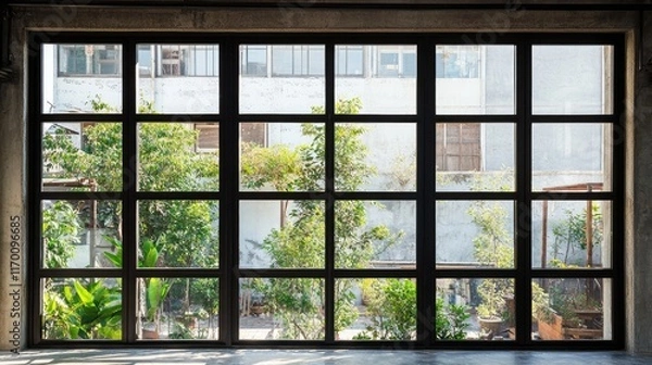 Fototapeta Industrial style window with black metal frame showcasing greenery in urban setting, blending nature with modern architecture.