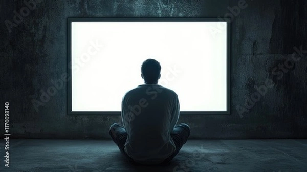 Fototapeta Contemplative Man Meditating in Front of a Blank Television Screen in a Dark Room Reflecting on Silence and Isolation