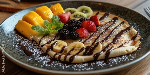 Fototapeta Plate of delicious fruit pancake with chocolate drizzle, fresh fruits and a dusting of powdered sugar.