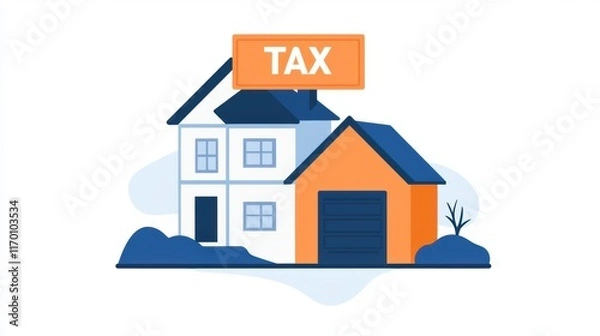Fototapeta Flat design property tax concept with house illustration and tax label sign