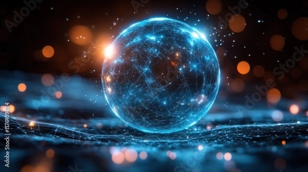Fototapeta Glowing blue sphere with network connections on dark background.