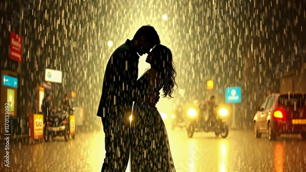 Obraz Silhouette of a man and a woman couple on a rainy background and in the middle of the street.