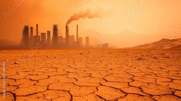 Fototapeta Desolate, cracked desert foreground with industrial smokestacks in the distance, illustrating the impact of climate change and pollution