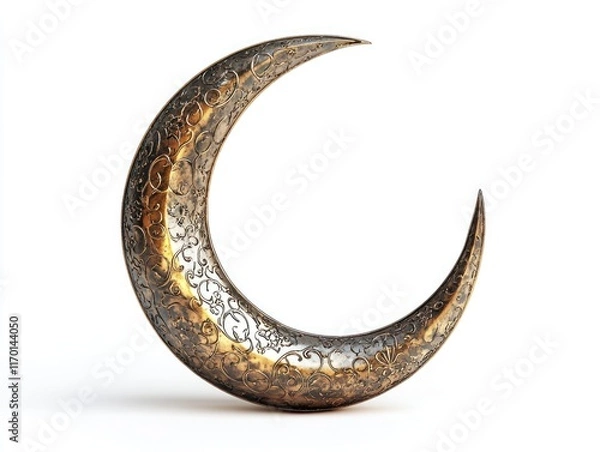 Fototapeta Gold and silver curved object with a crescent moon design. It is a piece of jewelry