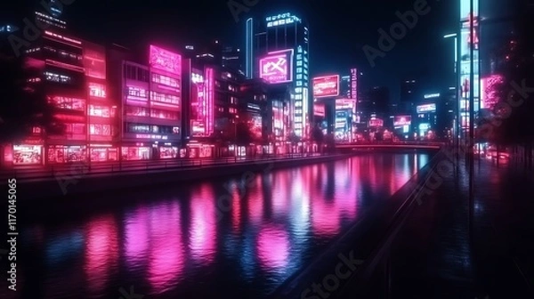 Fototapeta Neon Cityscape Reflecting In Calm Canal Water At Night