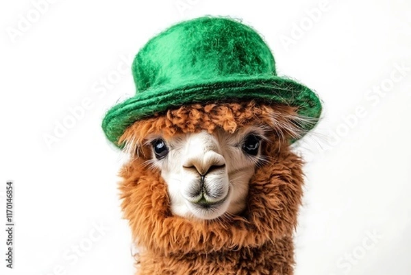 Fototapeta Funny alpaca wearing a green hat celebrating saint patrick's day on a white background