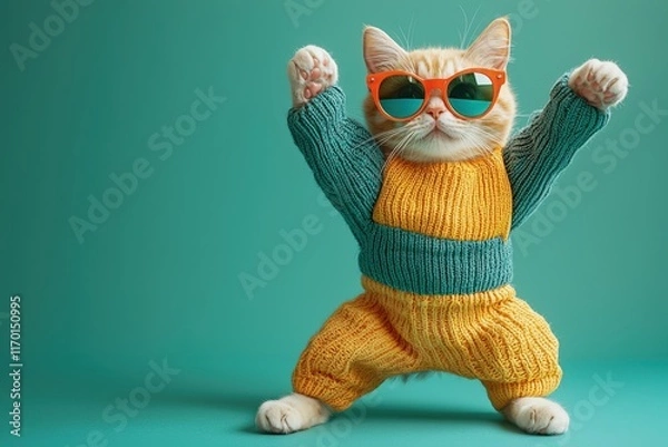Fototapeta Playful cat wearing vibrant clothes and stylish sunglasses, joyfully dancing on a green background, perfect for fun and trendy themes.  .
