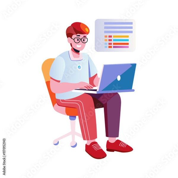 Fototapeta A flat illustration of a coder working on a laptop 

