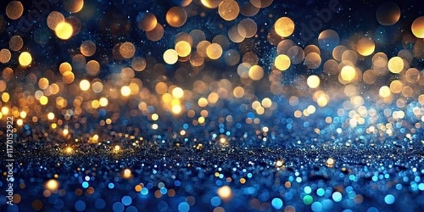 Fototapeta Sparkling gold glitter dances on a rich dark blue bokeh background; a festive, elegant, and luxurious night.