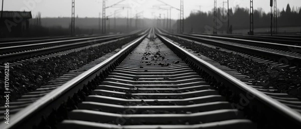 Fototapeta A black and white photograph of railway tracks stretching into the distance, framed by a soft, blurred horizon and trees.