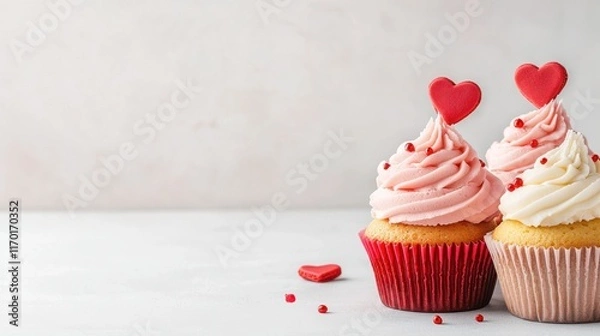 Fototapeta Valentines Day cupcakes decorated with red and pink frosting, arranged in a heart shape.