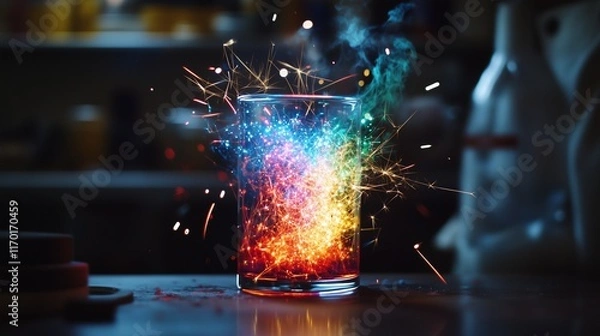 Fototapeta A glowing representation of a redox reaction emitting sparks and colorful chemical energy.