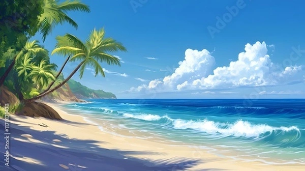 Fototapeta Serene Tropical Beach Scene With Palm Trees and Ocean Waves