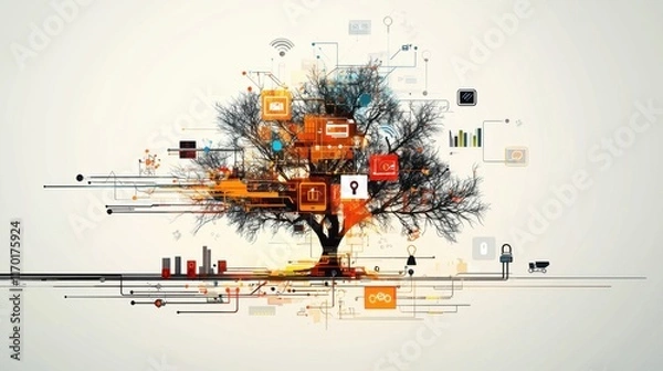 Fototapeta Seamless Integration: Digital Tree with Automation Icons Signifying Technological Growth