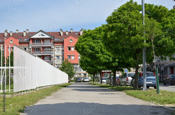 Fototapeta Residential building at the end of a pavement between white fence and street with trees