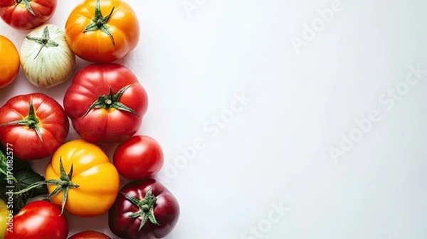 Fototapeta A flat lay of colorful heirloom tomatoes arranged on a white background with ample copy space.