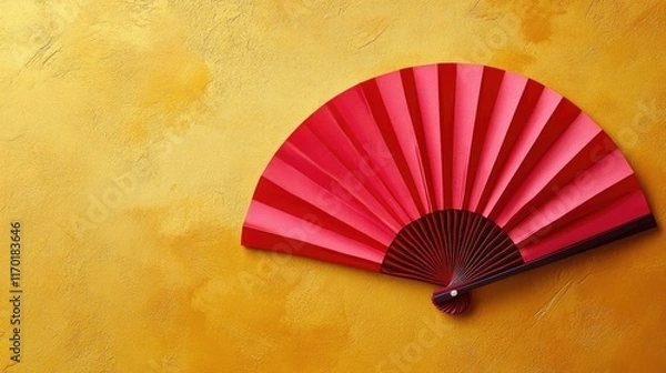 Fototapeta A minimalist composition of a red paper fan with intricate designs, set against a vibrant gold background.