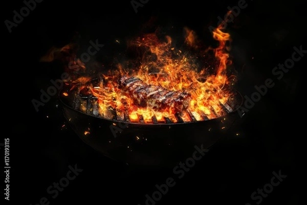 Obraz Flaming grilled meat skewers on barbecue.