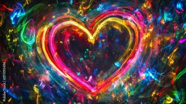 Fototapeta Colorful light painting of heart shape on black background