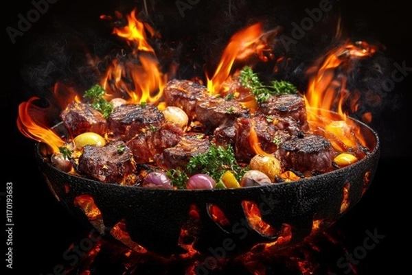 Obraz Flaming grilled beef steaks and onions in a cast iron bowl.