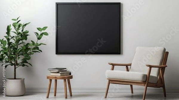 Fototapeta Stylish scandinavian composition of living room with design armchair black mock up poster frame plant wooden stool book decoration loft wall and personal accessories in modern home decor