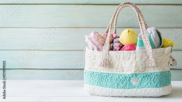 Obraz Mothers bag with babys stuff on white wooden table indoors Space for text